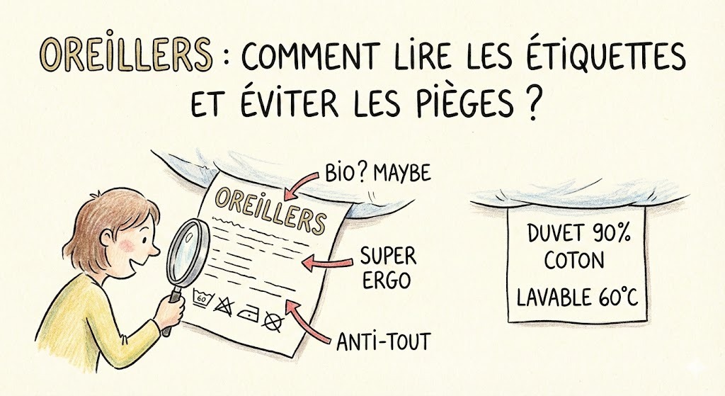 lire les étiquettes des oreillers
